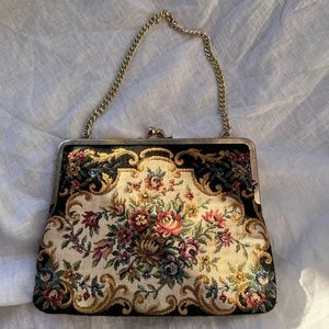 Purse Vintage Black and Multicolor Floral Tapestry Gold Chain Metal Frame